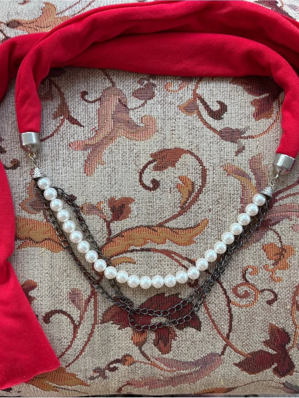 Red Fabric Scarf Necklace with Faux Pearl & Chain Accent